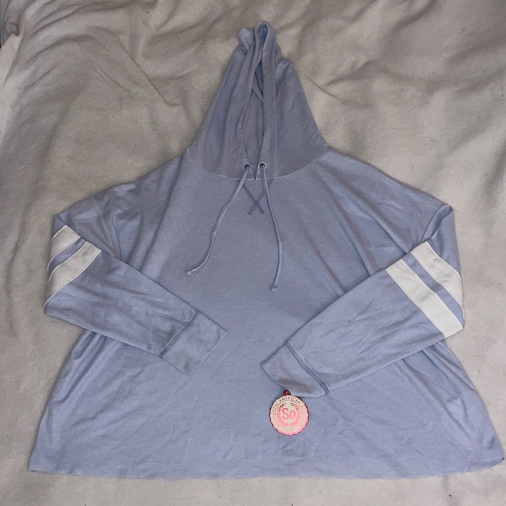SO Blue Waffle Knit Juniors Drawstring Pull Over Hoodie Sweatshirt